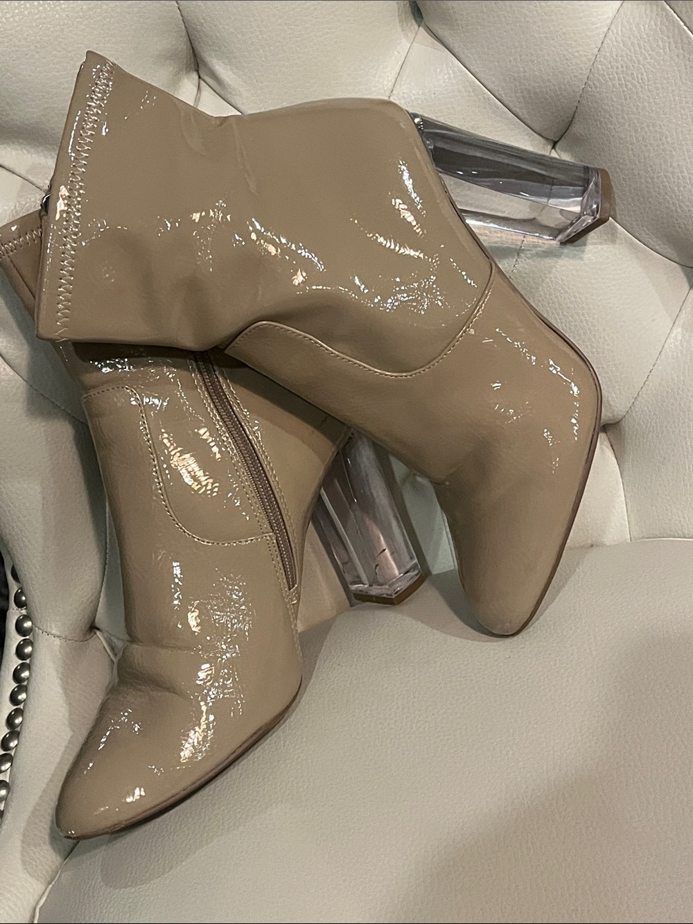 Steve Madden Taupe Tan Patent Ankle Boots with Clear Block Heel Eye Catching